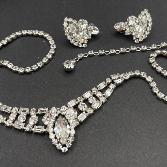 Vintage Signed Sherman Necklace Earring Set Clear Rhinestone Clip on Swarovski - Picture 6 of 11